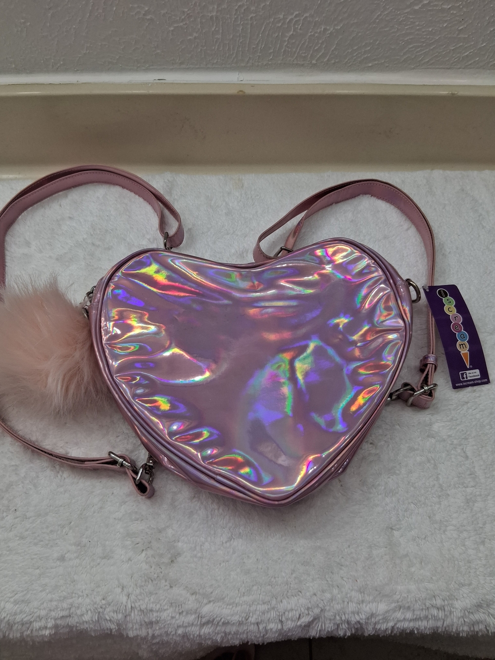 Icecream Holographic Pink Heart Crossbody Bag with Pom Pom